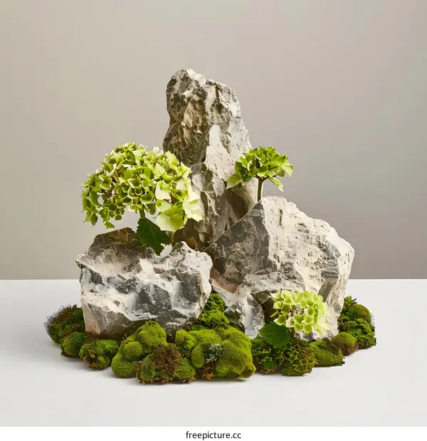 Stone Arrangement with Moss and Flowers