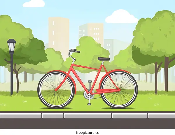 Red Bicycle in a Park with City Buildings in the Background