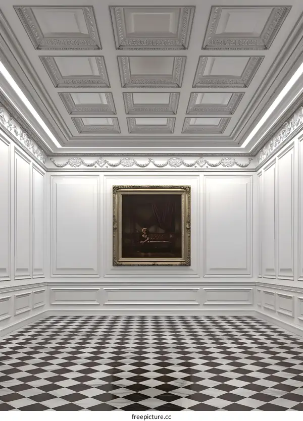 White Wall Room with a Checkered Floor and a Painting of a Woman