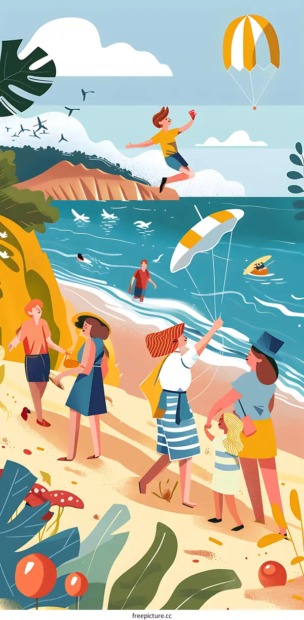 Summer Beach Illustration with People