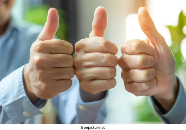 Three thumbs up in agreement