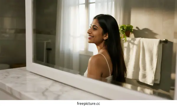 Young Indian Woman Looking in Bathroom Mirror with Natural Light