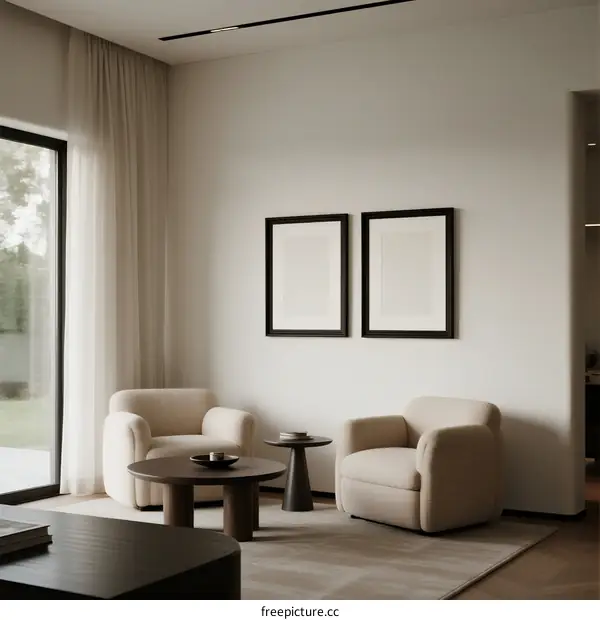 Modern Minimalist Living Room with Soft Armchairs and Wall Art