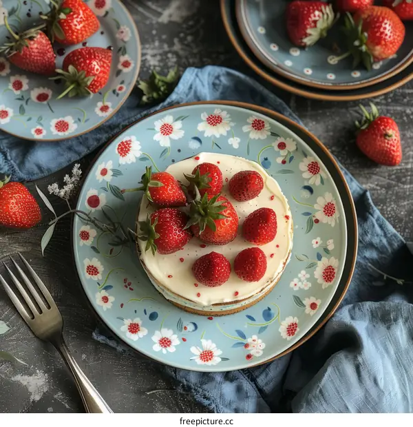 Cheesecake with fresh strawberries on a blue and white patterned plate