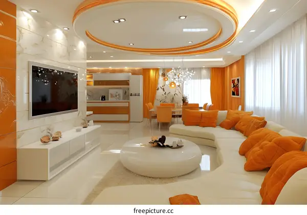 Modern living room interior design with orange accents