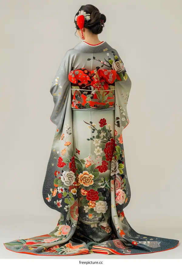 Elegant Woman in Traditional Japanese Kimono with Floral Designs