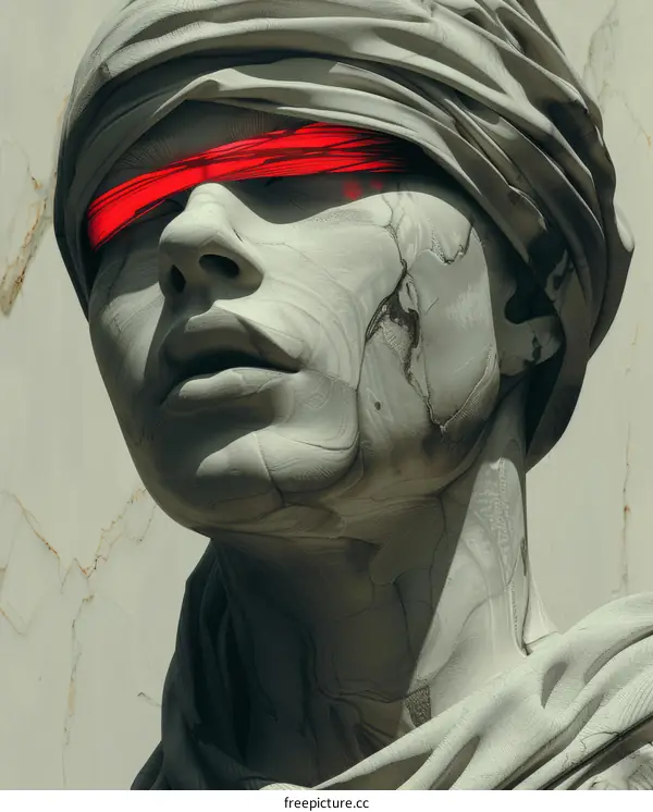Marble statue of a woman wearing a red blindfold