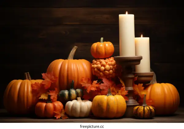 A beautiful still life of pumpkins and gourds with candles on a wooden table
