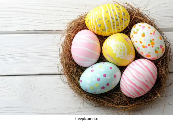 Colorful Easter Eggs in a Nest on a White Wooden Background