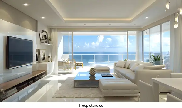 Bright modern living room with ocean view