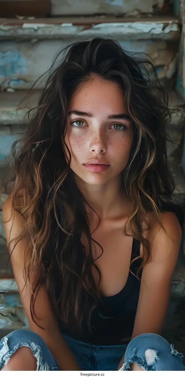 Portrait of a Beautiful Woman with Freckles and Long Curly Hair