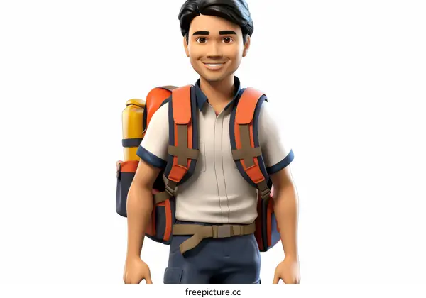 A young man with a backpack is smiling.