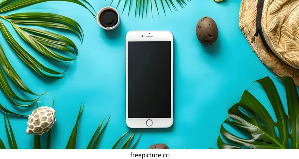 Summer Vacation Essentials with Mobile Phone and Tropical Leaves