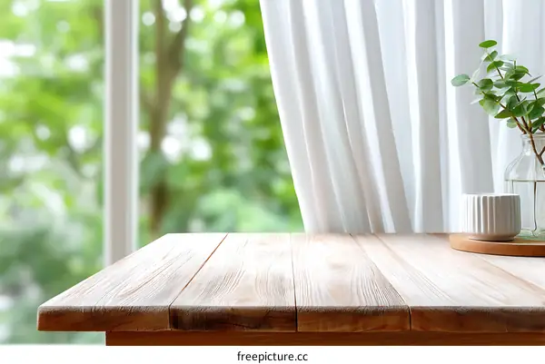 Wooden Tabletop with Blurred Window View