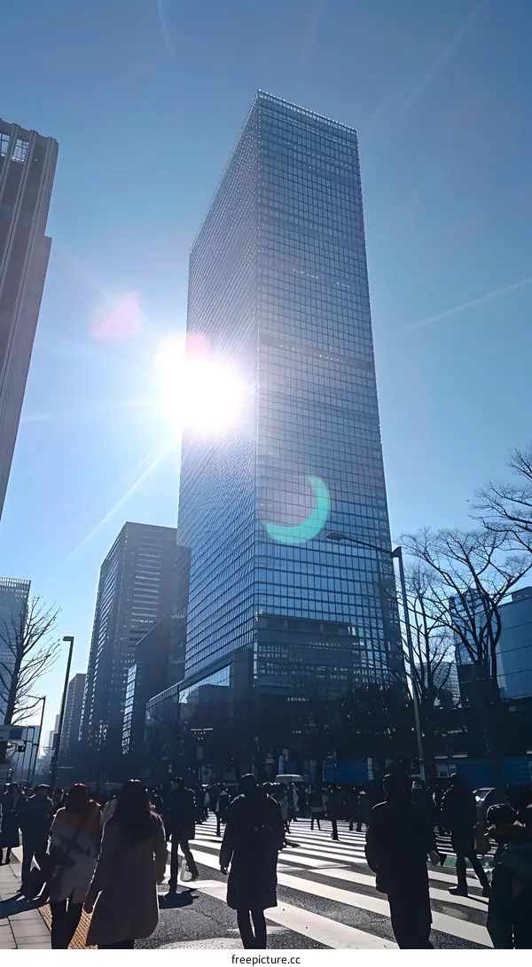 Crowded city street with a skyscraper in the background