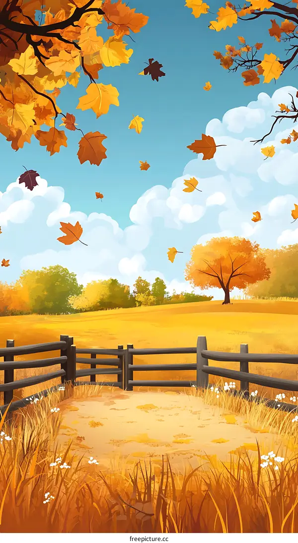 Autumn Landscape with Falling Leaves and Fence