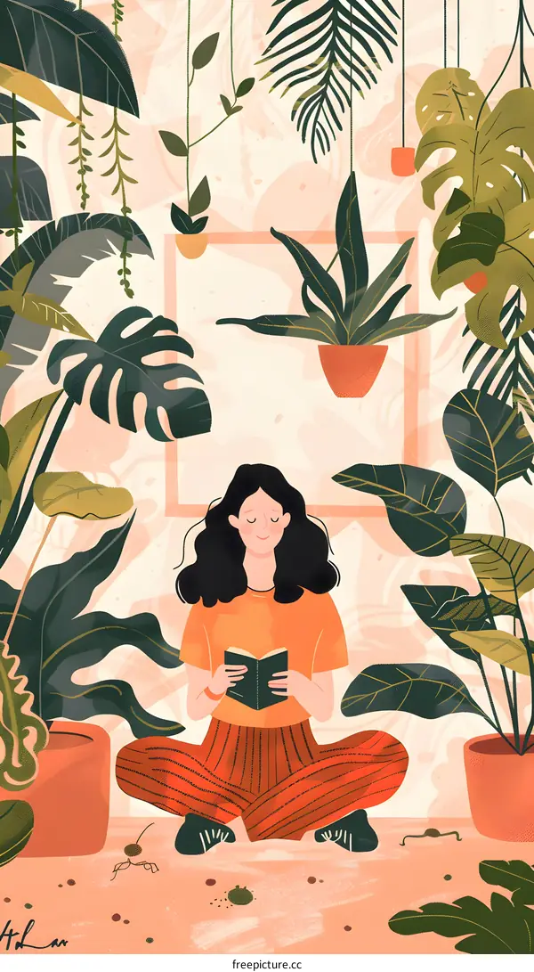 Woman Reading a Book Surrounded by Plants
