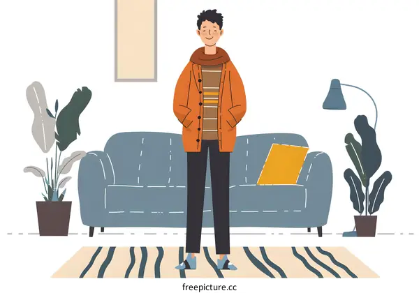 Smiling Man Standing in Living Room Illustration
