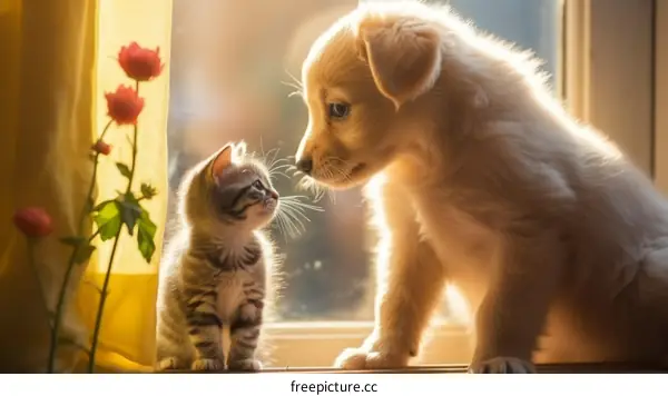 A cute puppy and a kitten are looking at each other