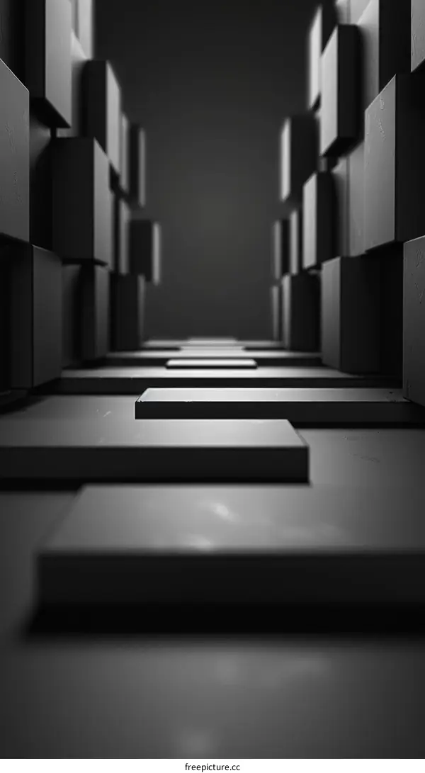 Black and White Geometric Shapes Form Three Dimensional Futuristic Sci-Fi Tunnel