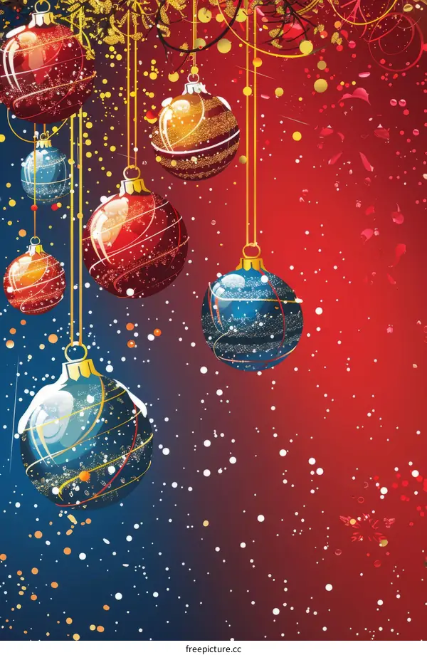 Christmas Balls Decorated on a Branch with Red and Blue Background