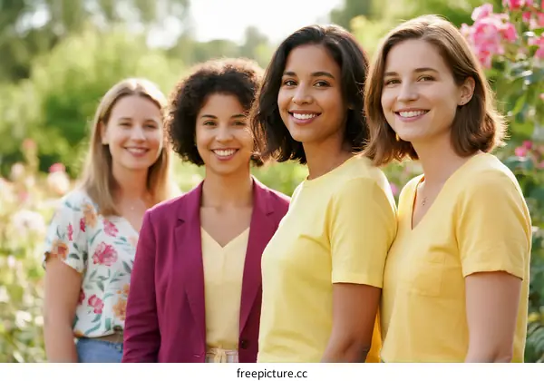 Group of young women standing together in a garden