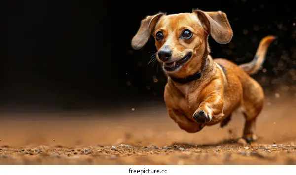 A happy brown dachshund runs in the sand