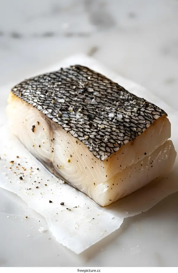 Raw Cod Fish Fillet on Baking Paper with Black Pepper and Salt