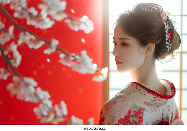 Japanese Woman in Traditional Kimono with Cherry Blossom Background