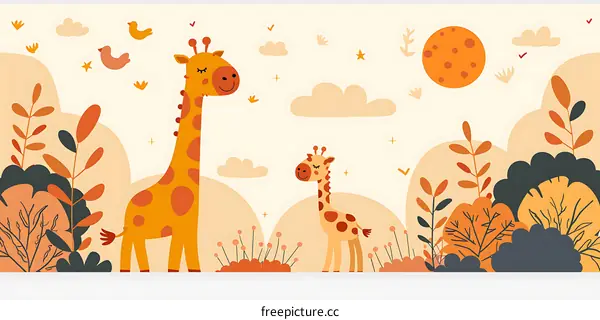Cute Giraffe Family Illustration With Orange Yellow And Brown Colors