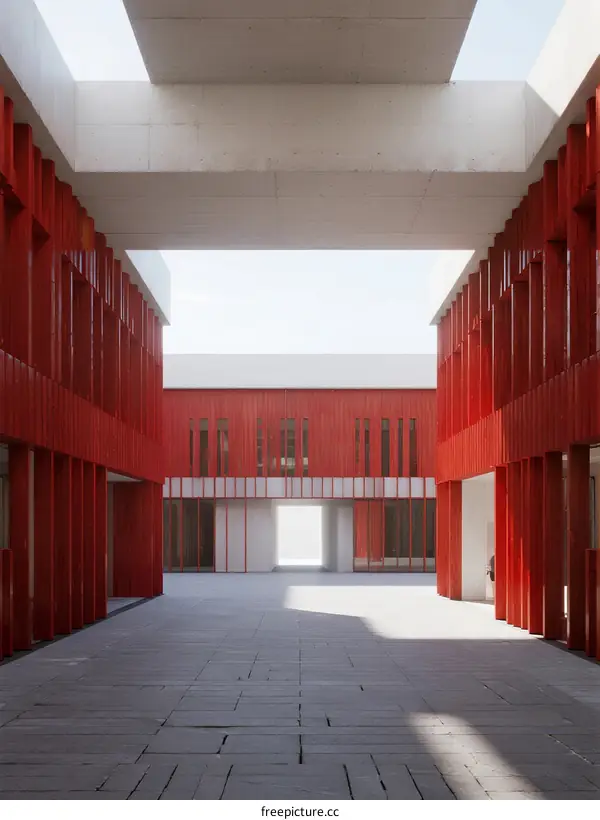 Modern Red Building Courtyard with Open Ceiling Design