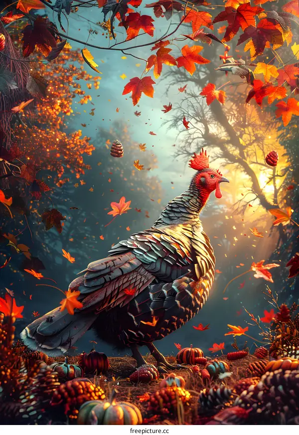 A turkey standing in an autumn forest