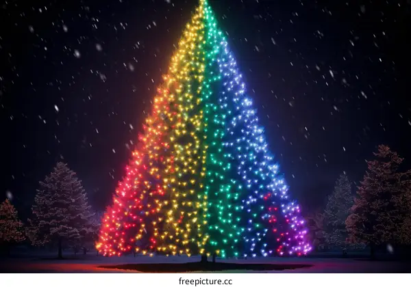 A large and colorful Christmas tree lit up at night with rainbow lights.