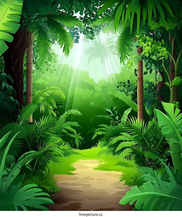 Lush Green Tropical Rainforest Jungle Landscape Illustration