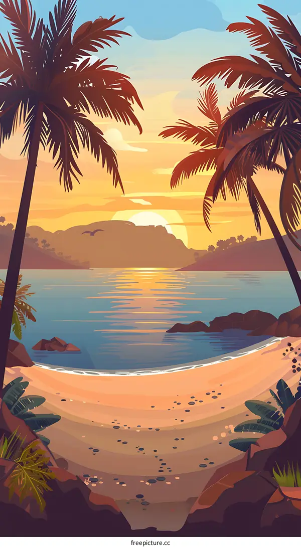 Tropical Beach Sunset Landscape Illustration