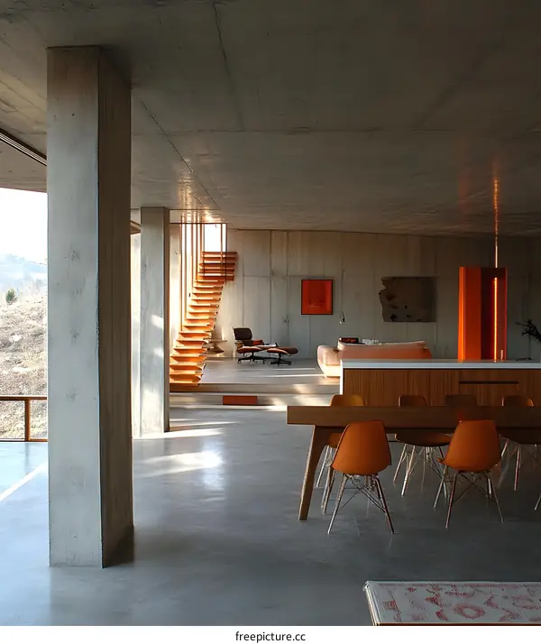 Modern Interior Design with Concrete Walls and Wooden Stairs