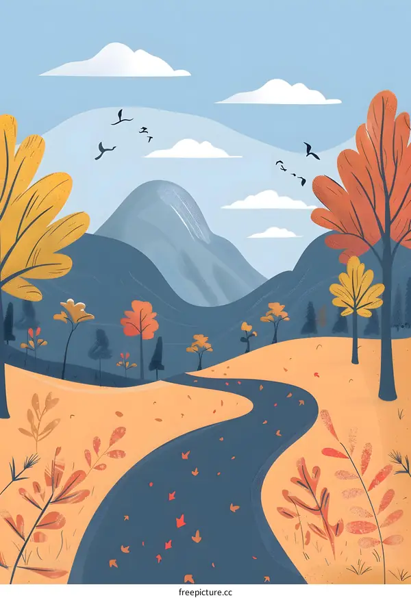 Autumn Landscape Illustration With Winding Road And Mountain