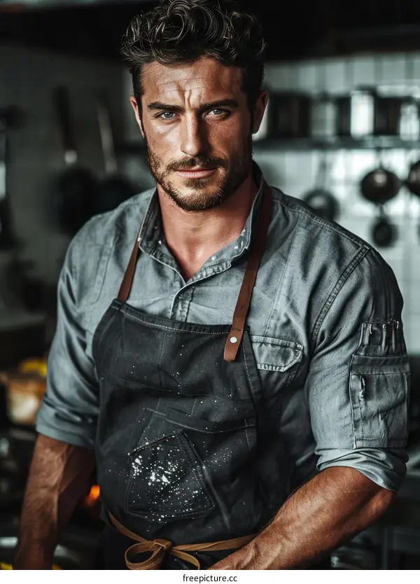 Portrait of a handsome young male chef in a commercial kitchen
