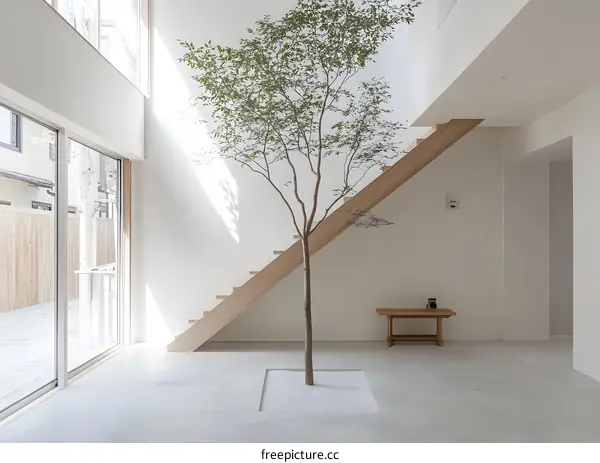 Minimalist Interior Design with a Tree and Staircase