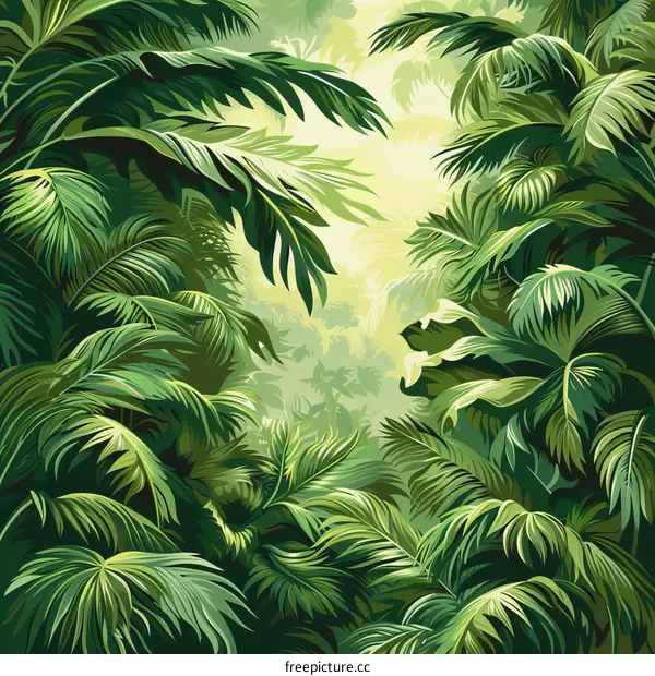 Lush Green Tropical Foliage in Dense Rainforest Habitat