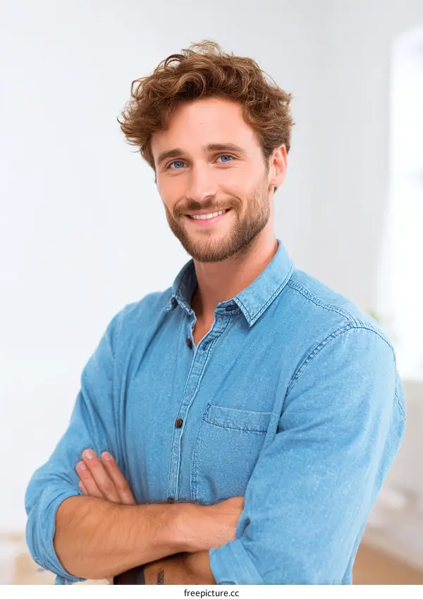Smiling Caucasian Man in a Light Blue Denim Shirt