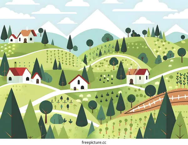 Charming Rural Landscape with Hills and Houses