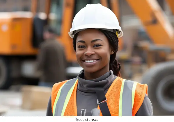 Black woman wearing hard hat at construction site