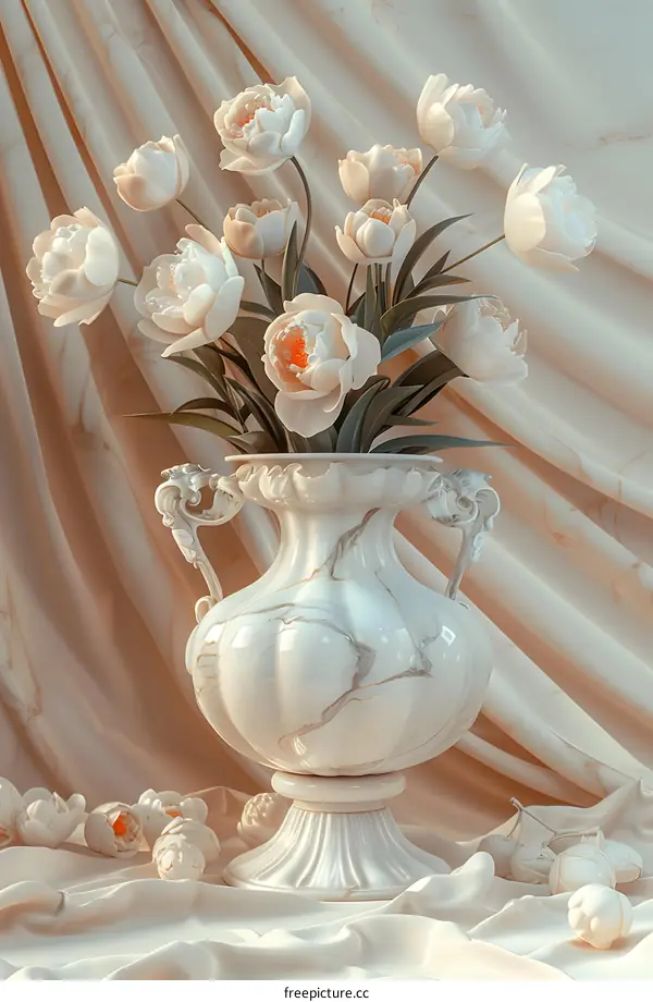 A bouquet of white peony flowers in a white marble vase