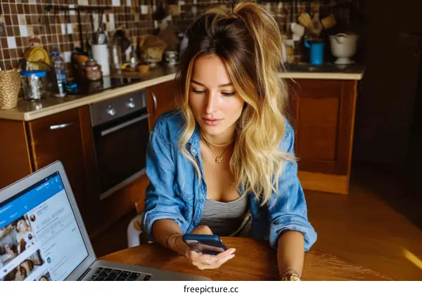Woman using mobile phone in kitchen