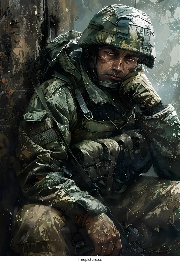 A soldier wearing a green and brown camouflage uniform sits on the ground, his head resting on his hand. His eyes are closed and he looks exhausted.