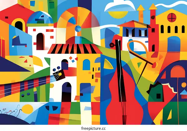 Colorful Abstract Illustration of a Cityscape with a Double Bass and a Guitar