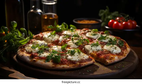 A delicious pizza sits on a table ready to be eaten