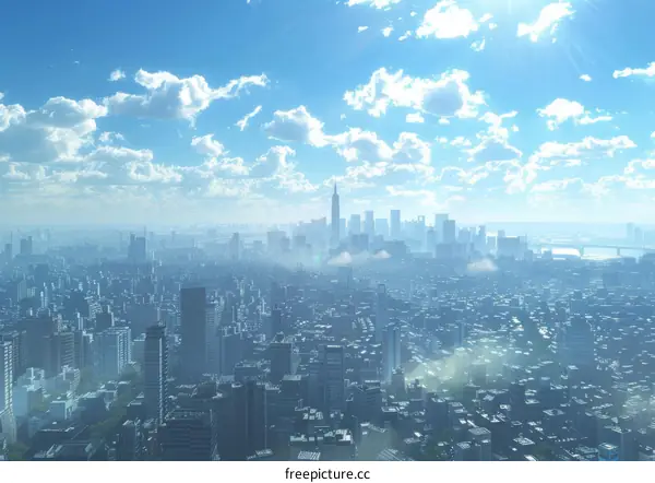 Cityscape Aerial View with Vivid Sky