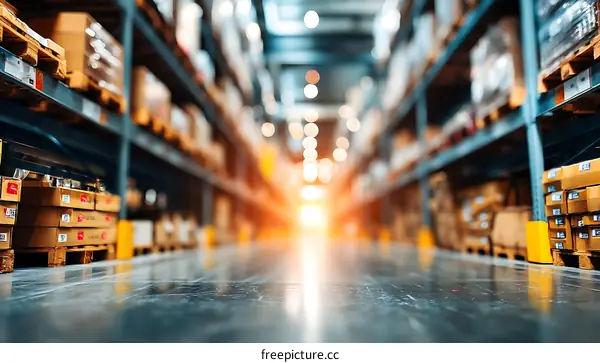 Warehouse Interior with Storage Shelves and Boxes